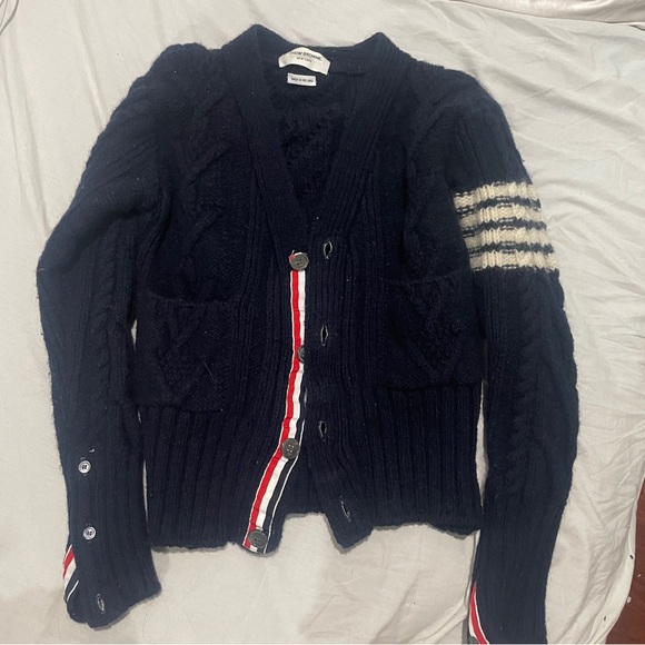 Thom Browne Sweaters - Thom Browne Authentic  Cable 4-Bar V-neck Cardigan